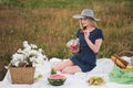 Young attractive woman in a blue dress at an outdoor picnic. A basket with daisies, watermelon, strawberries and a glass Royalty Free Stock Photo