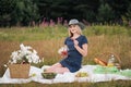 Young attractive woman in a blue dress at an outdoor picnic. A basket with daisies, watermelon, strawberries and a glass Royalty Free Stock Photo