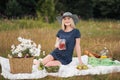 Young attractive woman in a blue dress at an outdoor picnic. A basket with daisies, watermelon, strawberries and a glass Royalty Free Stock Photo