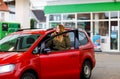 Young attractive woman gets out of her car by gas station to refill car with petrol or gas. People refuel gasoline Royalty Free Stock Photo