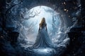A young attractive woman, a girl in an exquisite dress in front of the entrance to a mysterious fantastic winter forest. Winter