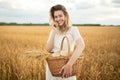 Young attractive woman and golden wheat field. Royalty Free Stock Photo