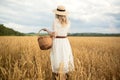 Young attractive woman and golden wheat field. Royalty Free Stock Photo