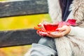 Young attractive woman holding in hand hot red tea. Relaxing in autumn nature with hot tea