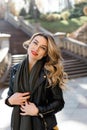 Young attractive woman with long blonde curled hair and red lipstick on her lips Royalty Free Stock Photo