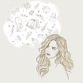 Young attractive woman portrait. Drawn elegant lady dreaming shopping. Romantic beautiful girl. Hand drawn purchases