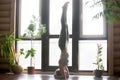 Young attractive woman in salamba sirsasana pose, home interior Royalty Free Stock Photo