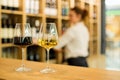 Young attractive woman, tasting wine in a wine store, enjoying glass of tasty wine Royalty Free Stock Photo