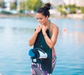 Young attractive woman with wakeboard Royalty Free Stock Photo