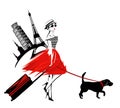 Fashion woman travelling abroad with her pet dog vector sketch