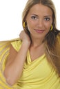 Young attractive woman with yellow shirt and strawhat Royalty Free Stock Photo