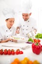 Young attractives professionals chefs cooking together Royalty Free Stock Photo