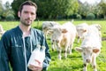 Young attratcive farmer with bottle of milk