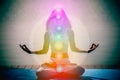 Young aura woman in yoga meditation with nature seven chakras and Yin Yang symbols Royalty Free Stock Photo