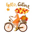 Young autumn woman with hair from leaves rides a Bicycle. Hand lettering Hello, Autumn