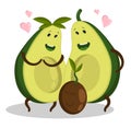 Young avocado family couple looks at newborn baby with tenderness. Birth of children, relationships in family. Cartoon vector