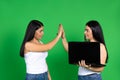 Young awesome twin sisters with laptop rejoice at their success on a green background. Girls give five with hands up Royalty Free Stock Photo