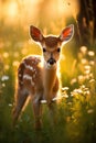 Young baby deer in the meadow with daisies at sunset