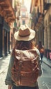 Young backpacker exploring charming streets of historic spanish town on solo travel adventure