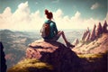 Young backpacker sitting on peak mountain rock edge background.