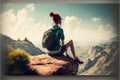 Young backpacker sitting on peak mountain rock edge background.