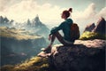 Young backpacker sitting on peak mountain rock edge background.