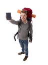 Young backpacker tourist holding passport carrying backpack ready for travel