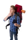 Young backpacker tourist holding passport carrying backpack thinking on travel destination