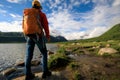 Backpacking woman hiking in mountains