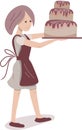 Young baker carrying big chocolate cake. Lifestyle and hobby. Illustration can be used for cafe menu and food design templates