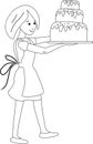 Young baker carrying big chocolate cake. Lifestyle and hobby. Black and white contour linear version. Illustration can be used for