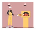 Young baker loads pizza into oven using wooden shovel. Italian food preparation. Pizzeria restaurant. Man cooking snacks