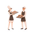 Young bakers flat vector illustration. Pastry cooks with sweet-stuff, male and female confectioners with bakery