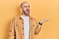 Young bald man presenting with open palms, holding something angry and mad screaming frustrated and furious, shouting with anger Royalty Free Stock Photo