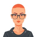 Young bald woman wearing glasses, serious expression, portrait illustration. Female character