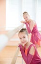 Young ballerinas resting at barre in class Royalty Free Stock Photo