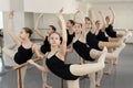 Young ballerinas training at ballet barre. Group of ballet dancers posing near barre in ballet studio. Royalty Free Stock Photo