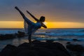 Ballet Dancer Leap Pose Beach Ocean Silhouetted Royalty Free Stock Photo