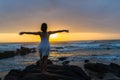 Ballet Dancer Pose Beach Ocean Dawn Silhouetted Royalty Free Stock Photo