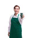 Young barista isolated on white background