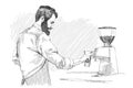 Young barista man. Vector illustration in pencil style. High details sketch of a man in a coffee bar. Coffee concept