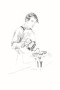 Young barista man. Vector illustration in pencil style. Linear sketch of a man in a coffee bar. Coffee concept Royalty Free Stock Photo