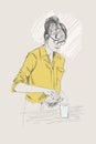 Young barista woman. Vector illustration in pencil style. Linear sketch of a colleen in a coffee bar. Coffee concept