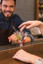 Young barman smiling and the client touching the glass