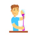 Young bartender man character standing at the bar counter pouring alcoholic beverage