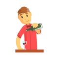 Young bartender man character standing at the bar counter pouring wine Illustration Royalty Free Stock Photo