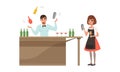 Young Bartender Man and Woman Making Cocktails and Mixing Alcoholic Beverages Vector Illustration Set