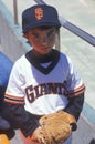 Young baseball fan with Giants jersey posing at Candlestick Park, San Francisco, CA