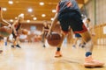 Young Basketball Player on Practice Session. Youth Basketball Team Bouncing Balls on Sports Court