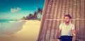 Young beard man in parasol at tropical beach